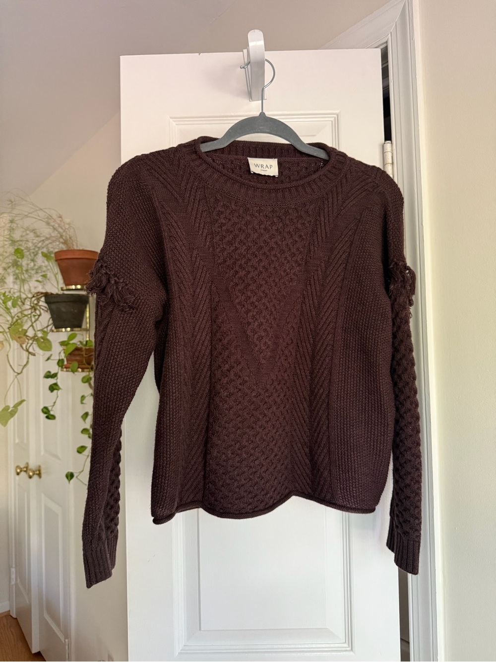 Wrap London Brown Wool Blend Textured Knit Sweater Fringe Detail Size US 8 - Picture 2 of 8